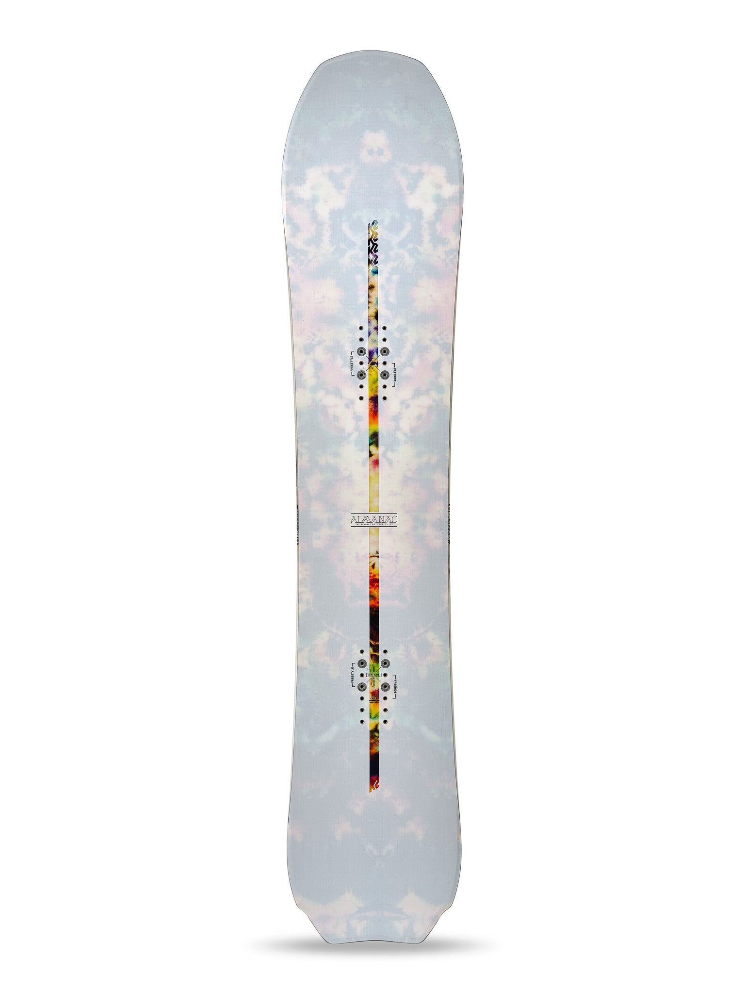 K2 Almanac 2025 snowboard features a white base with colorful graphics and a distinctive edge design.