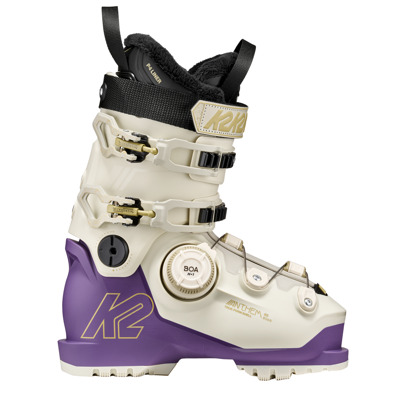 White and purple women’s ski boots with black collar, BOA dial, and metal buckles