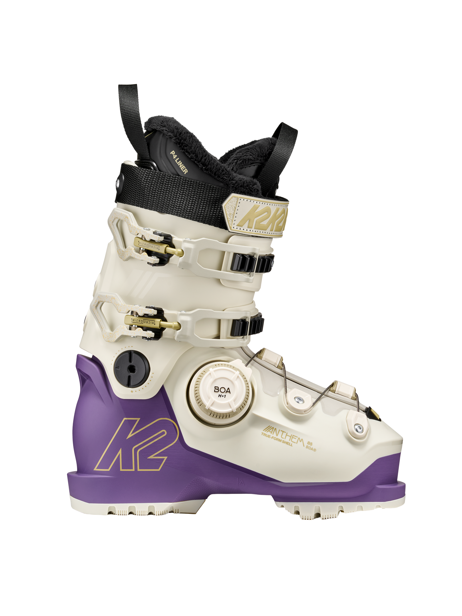 White and purple women’s ski boots with black collar, BOA dial, and metal buckles