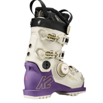 White and purple ski boot with side buckles, BOA dial, and black ankle strap
