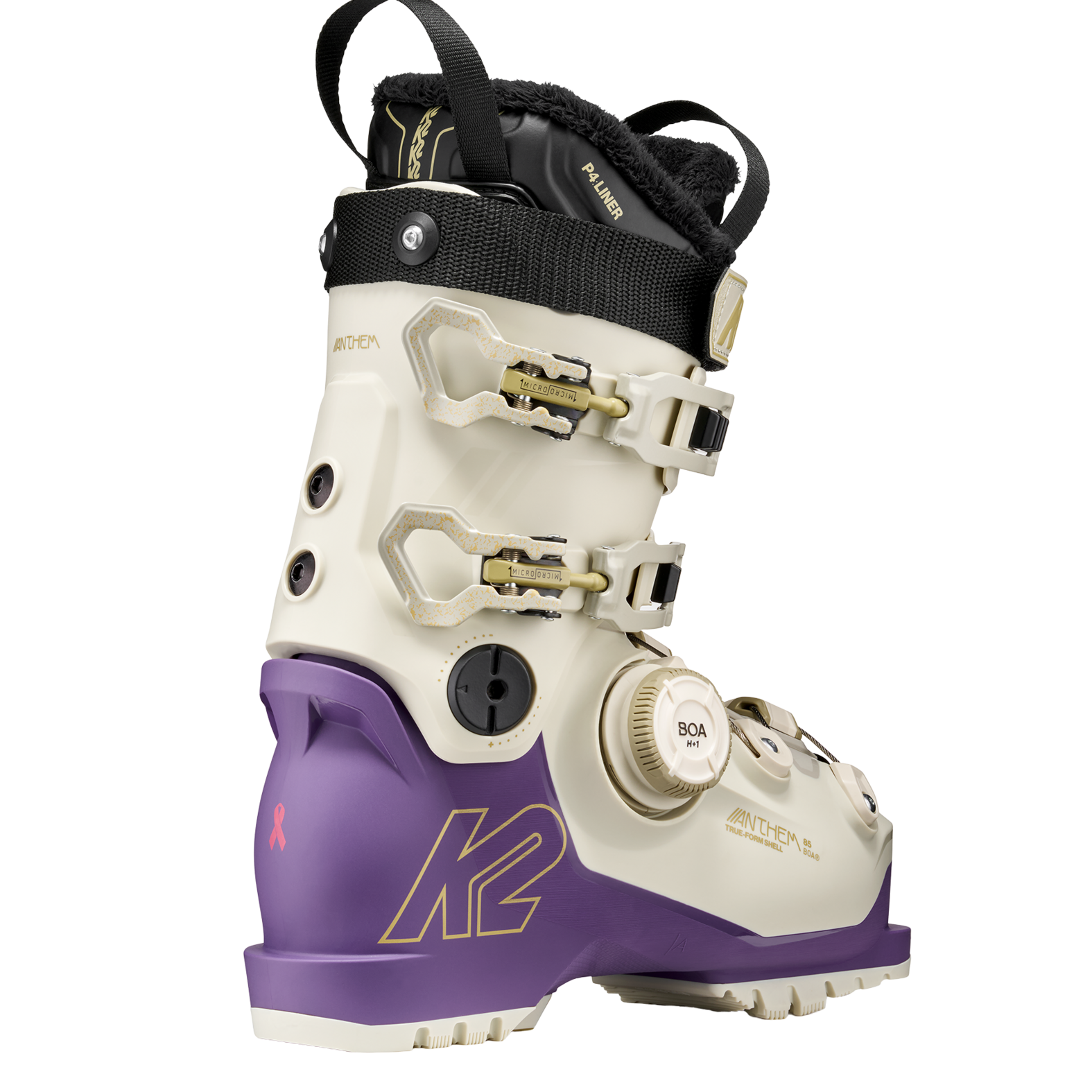 White and purple ski boot with side buckles, BOA dial, and black ankle strap