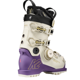 White and purple ski boot with side buckles, BOA dial, and black ankle strap
