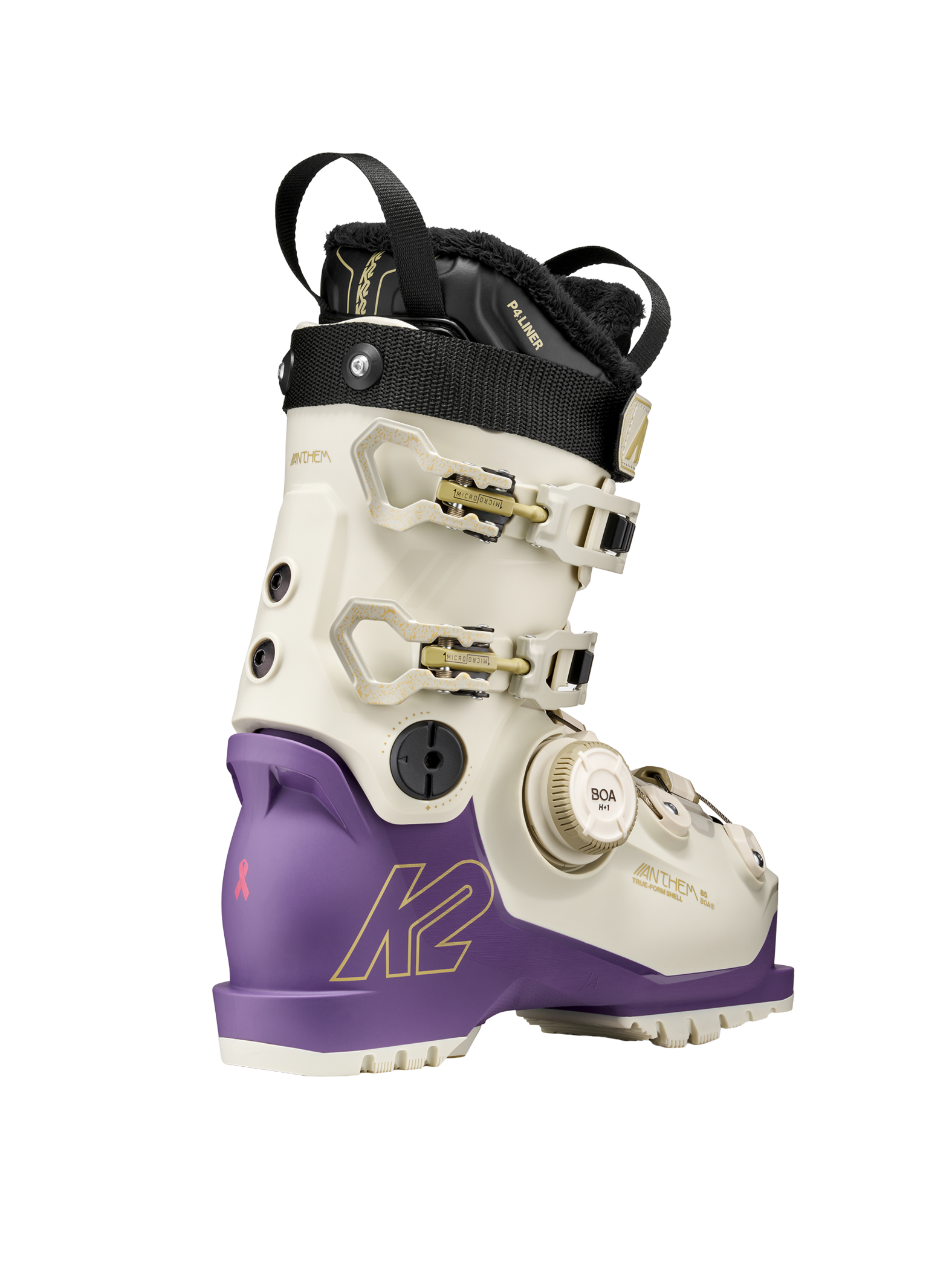 White and purple ski boot with side buckles, BOA dial, and black ankle strap