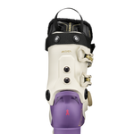White ski boot with black heel strap, four buckles, and purple flex panel