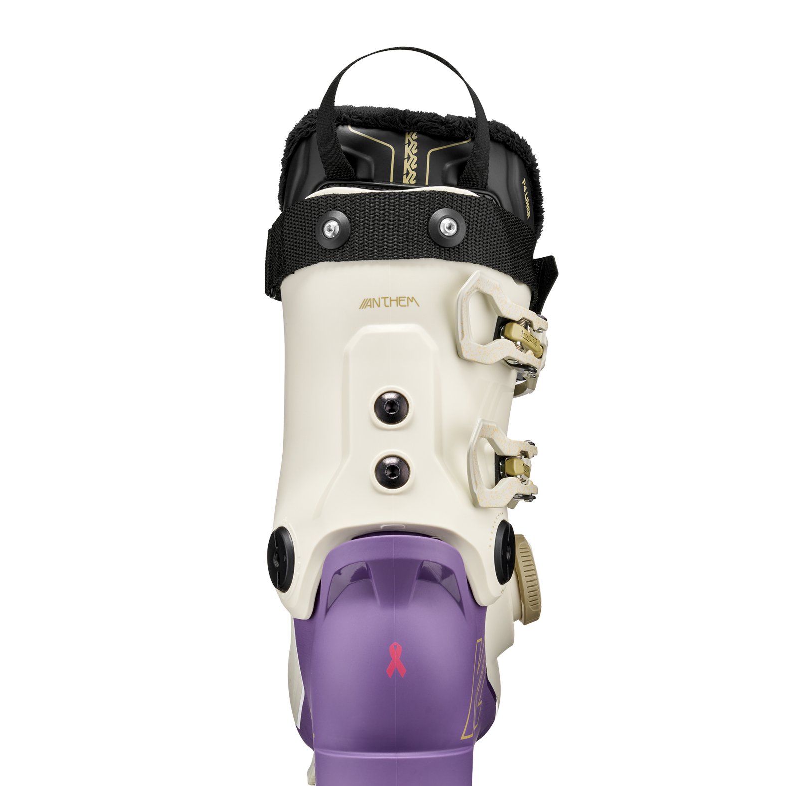 White ski boot with black heel strap, four buckles, and purple flex panel