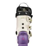 White ski boot with black heel strap, four buckles, and purple flex panel