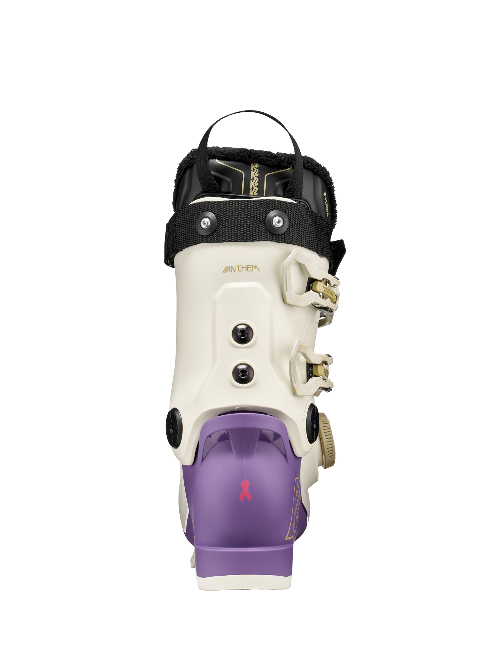 White ski boot with black heel strap, four buckles, and purple flex panel