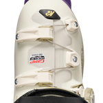 White ski boot heel and cuff view with BOA dial cover and adjustable buckles
