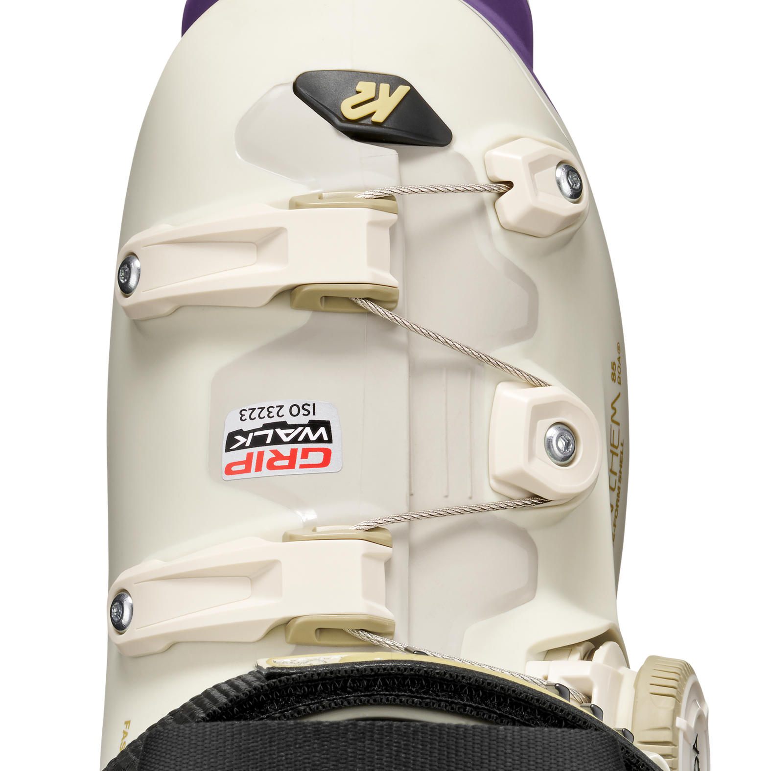 White ski boot heel and cuff view with BOA dial cover and adjustable buckles