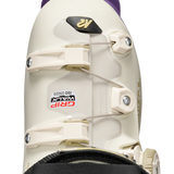 White ski boot heel and cuff view with BOA dial cover and adjustable buckles