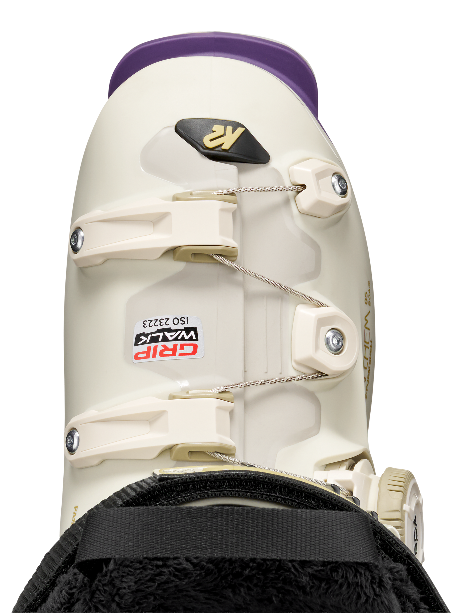 White ski boot heel and cuff view with BOA dial cover and adjustable buckles