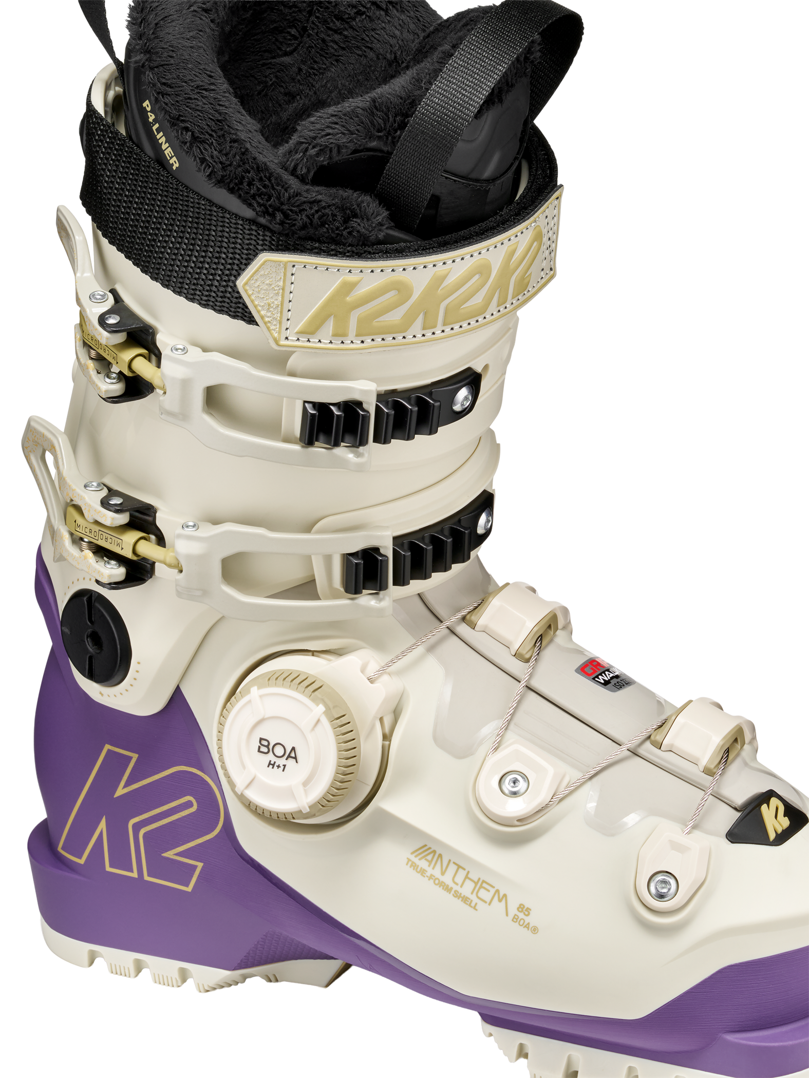 White and purple ski boot with BOA dial, black liner, and adjustable buckles