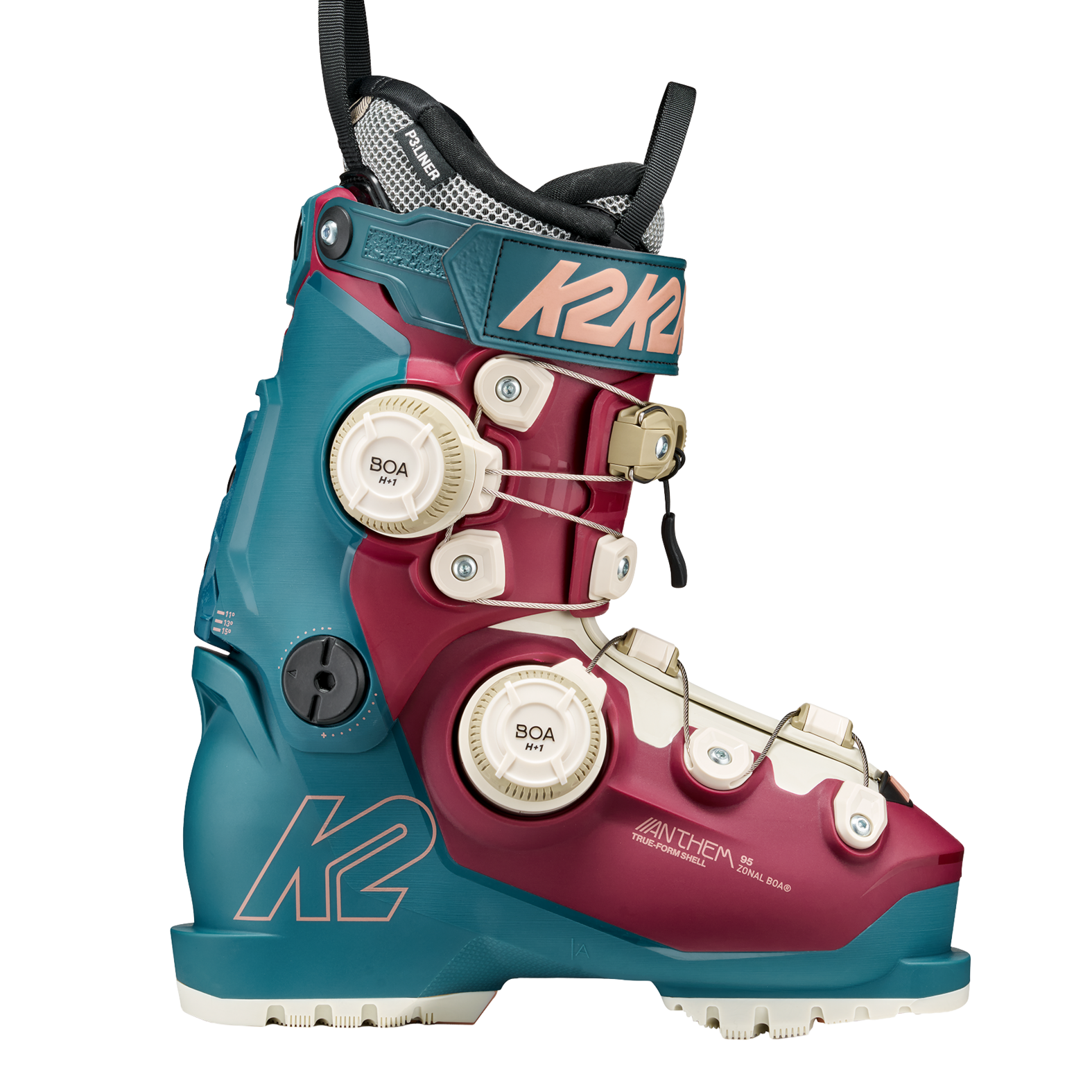 Teal and maroon K2 ski boot with three BOA dials and chunky outsole