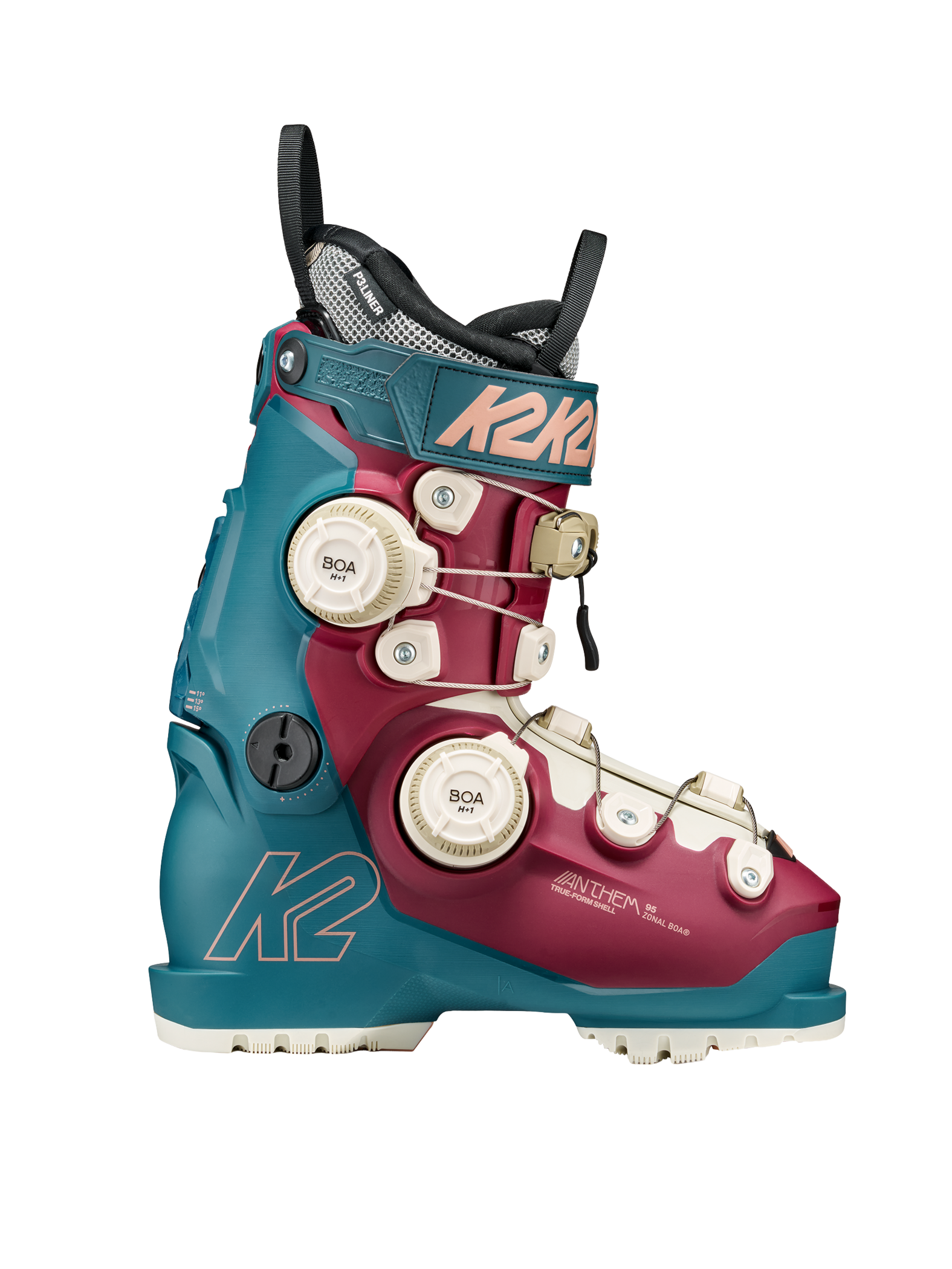 Teal and maroon K2 ski boot with three BOA dials and chunky outsole