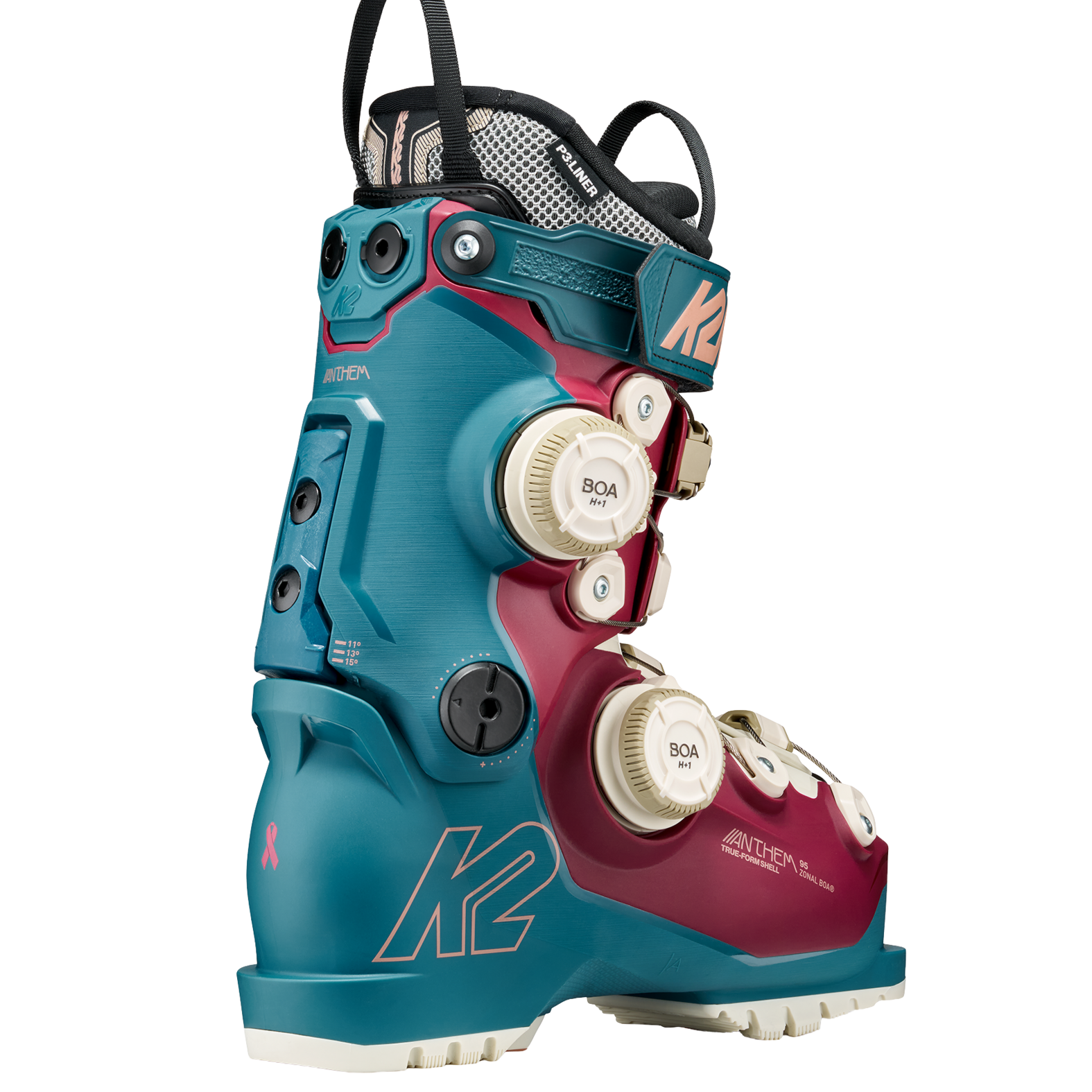 Teal and maroon K2 ski boot, side view with BOA dial closures