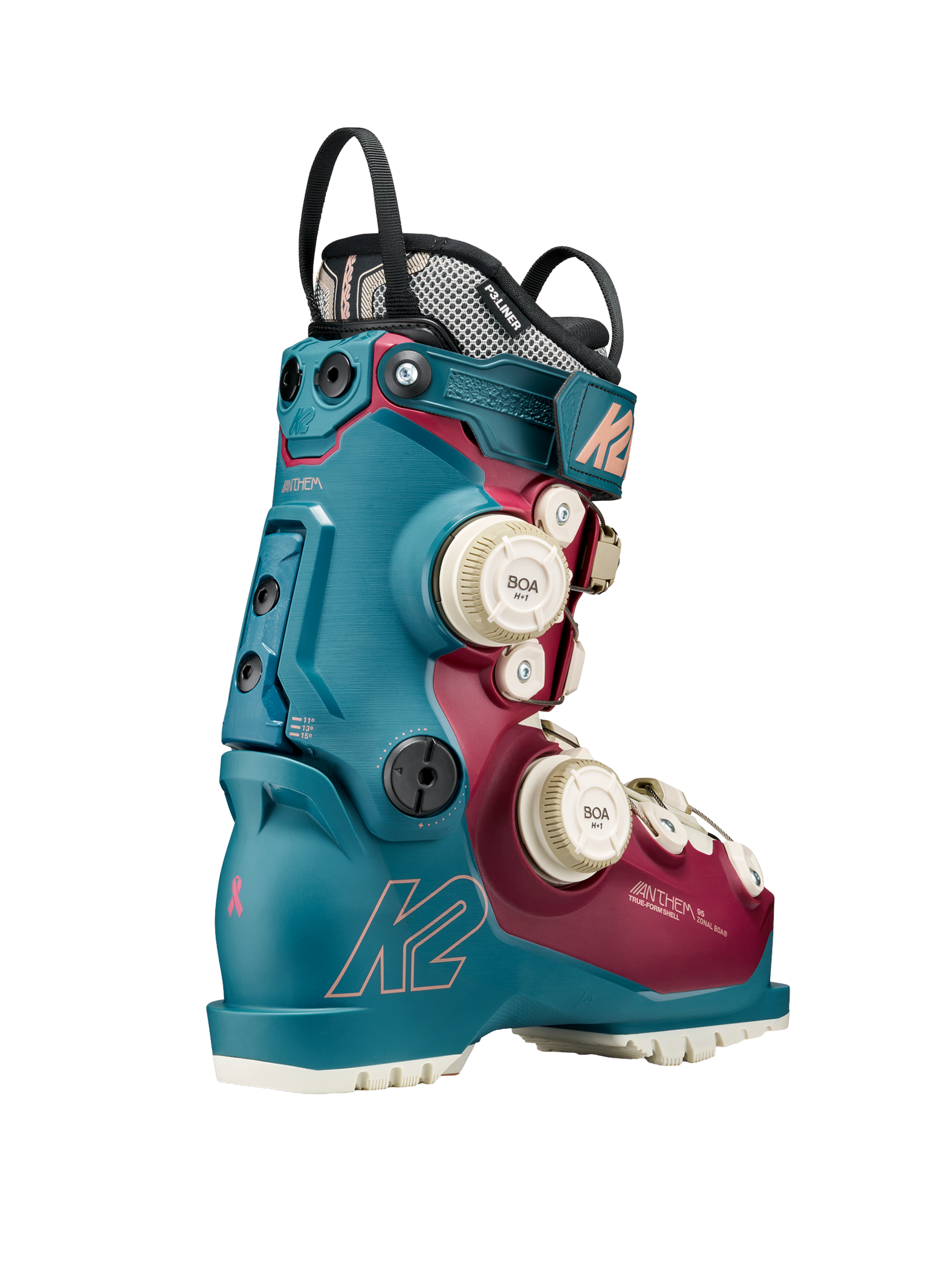 Teal and maroon K2 ski boot, side view with BOA dial closures
