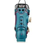 Teal K2 ski boot with maroon accents and multiple BOA dial closures, rear view