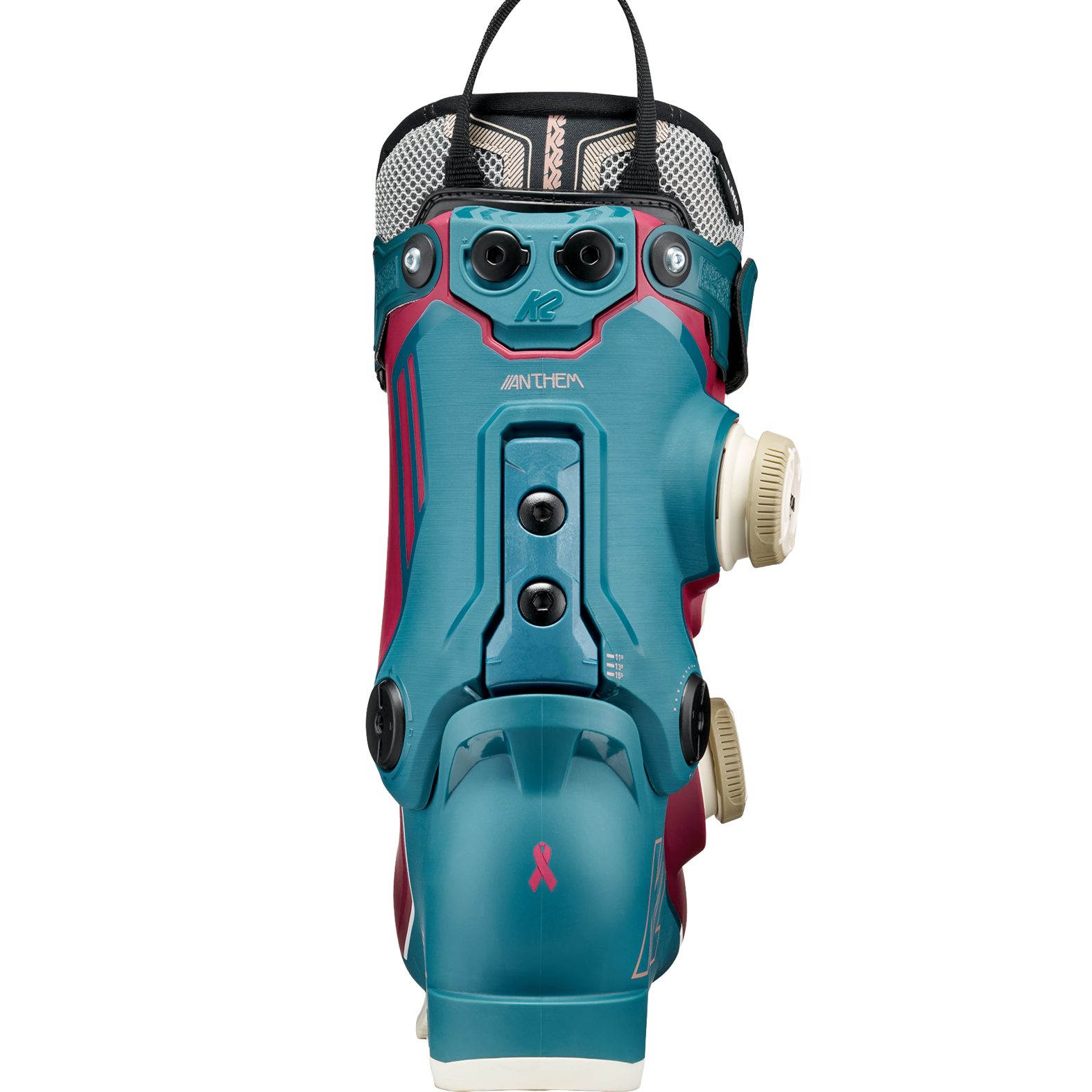 Teal K2 ski boot with maroon accents and multiple BOA dial closures, rear view