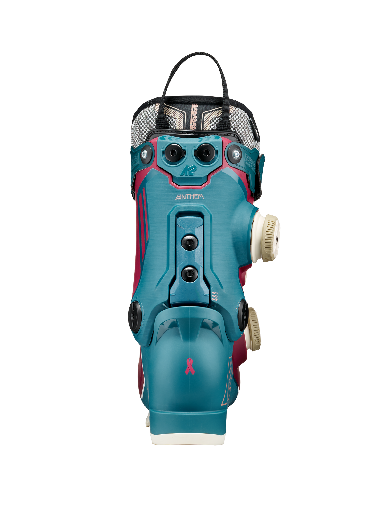 Teal K2 ski boot with maroon accents and multiple BOA dial closures, rear view