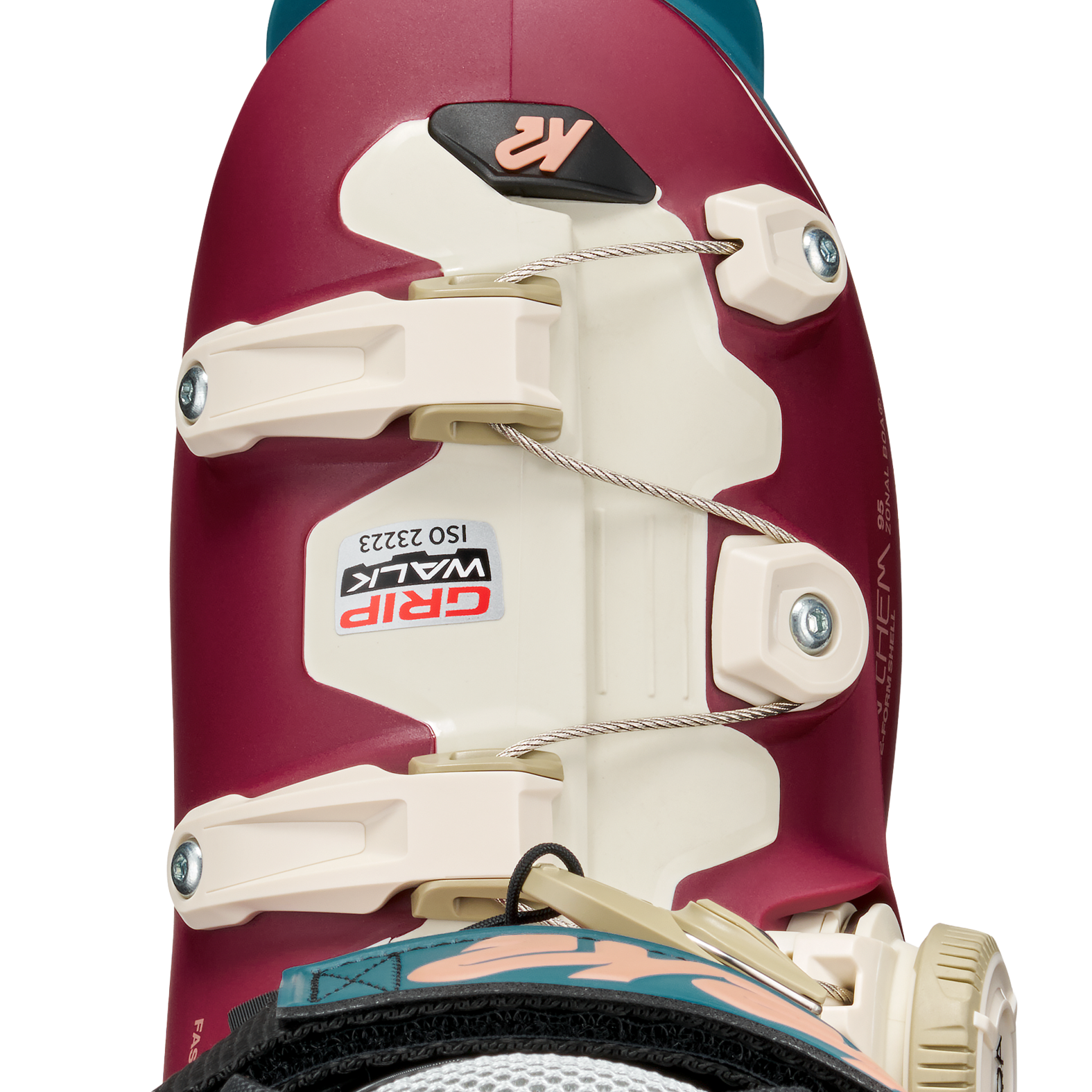 Maroon and cream K2 ski boot shell with front buckles and BOA dial system