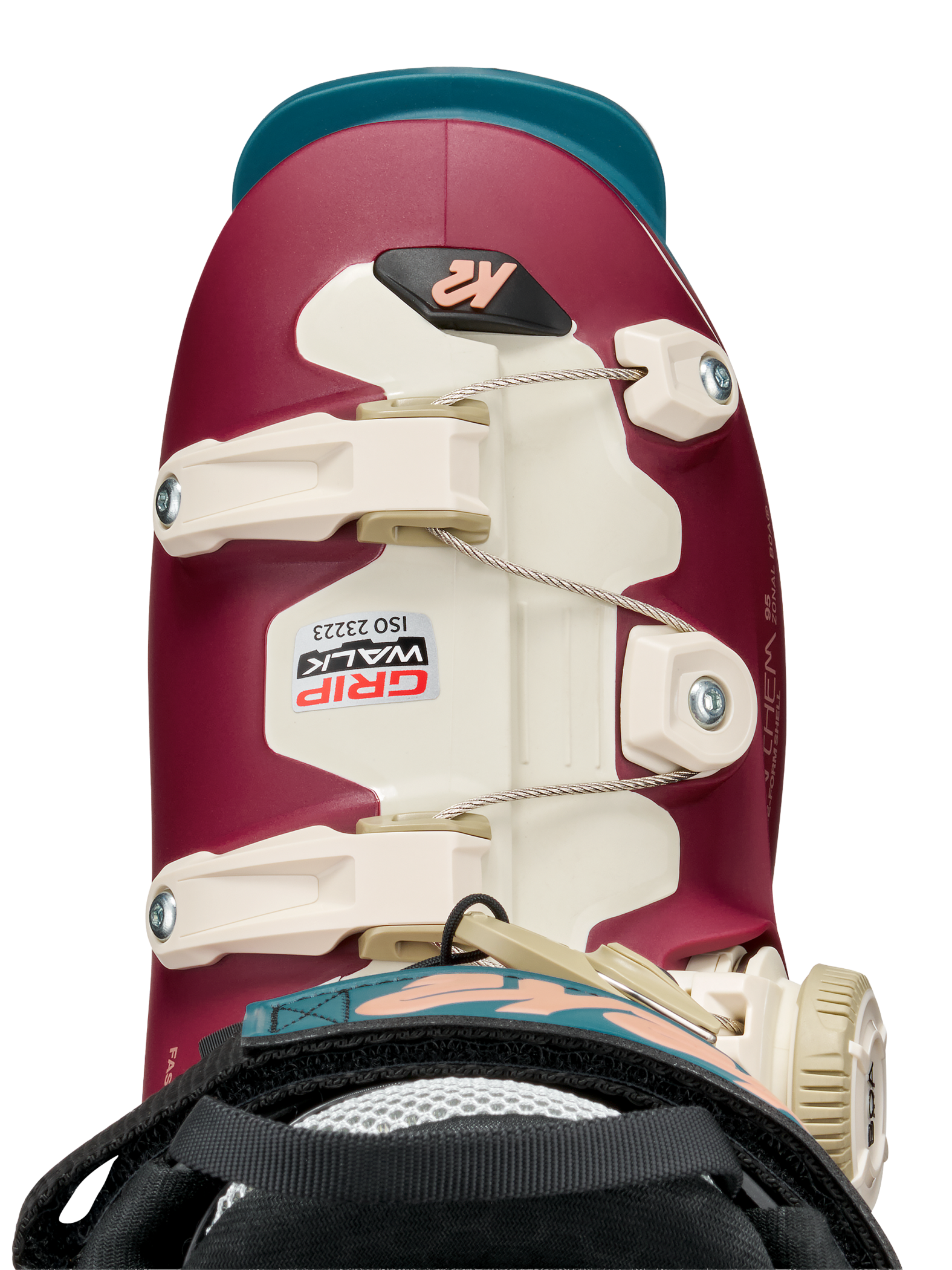 Maroon and cream K2 ski boot shell with front buckles and BOA dial system