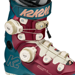 Teal and maroon K2 ski boot with white/cream strap buckles and BOA dials