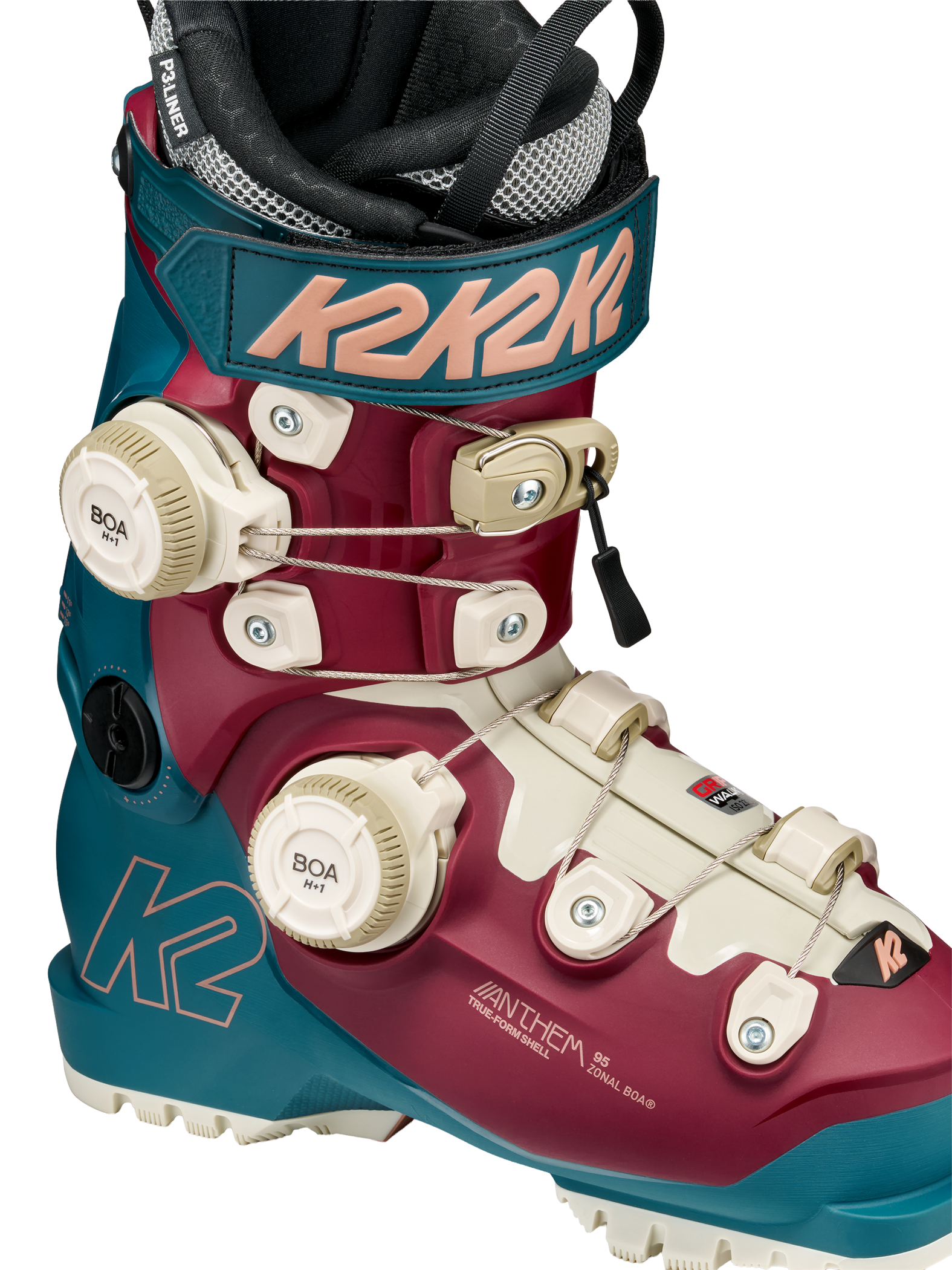 Teal and maroon K2 ski boot with white/cream strap buckles and BOA dials