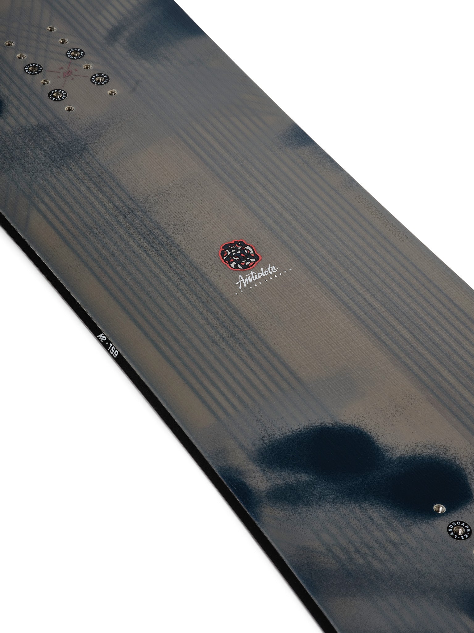 K2 Antidote snowboard 2025 features a dark gray top with distinctive graphics.