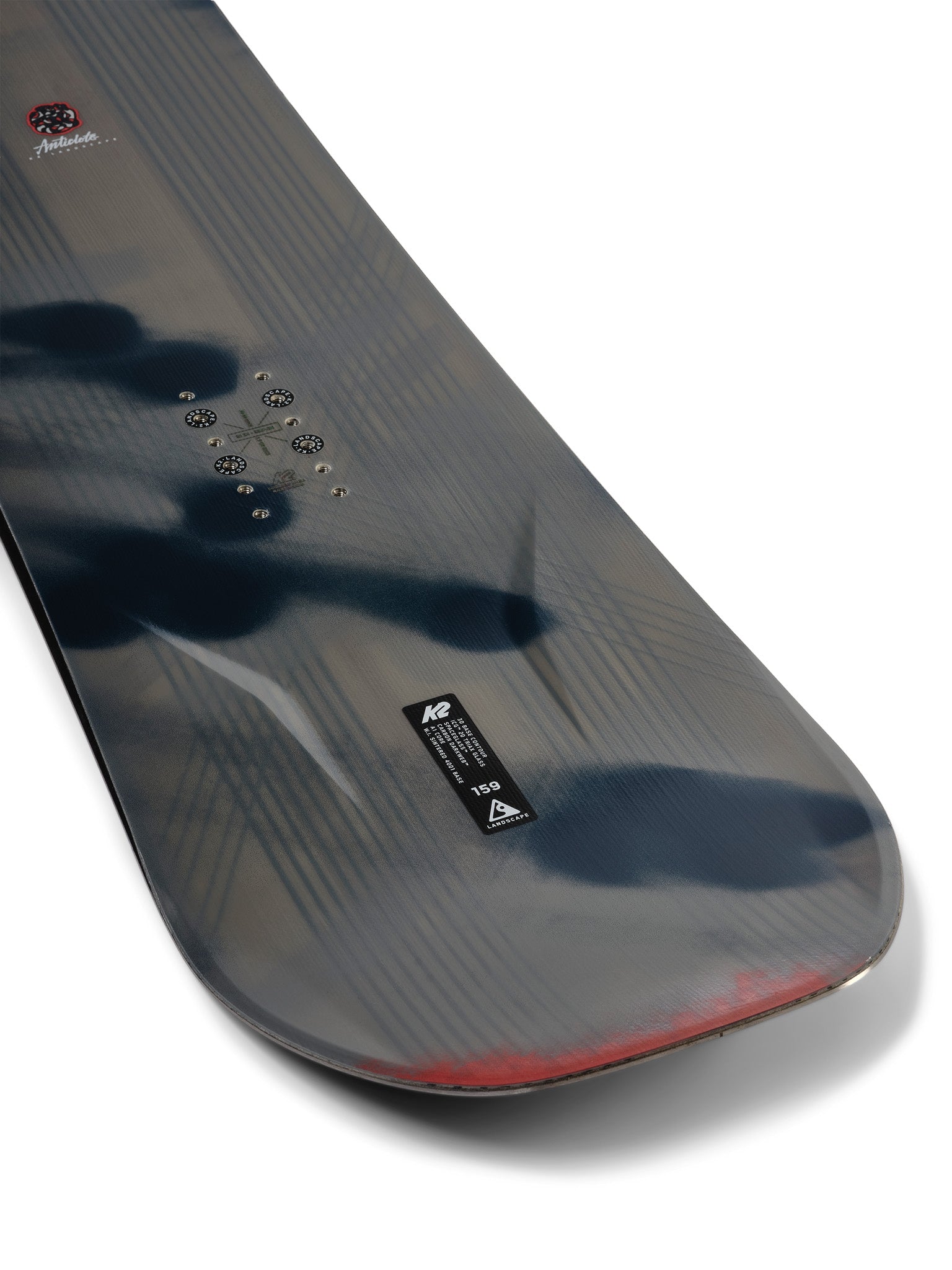 K2 Antidote snowboard 2025 features a black base with red graphics.
