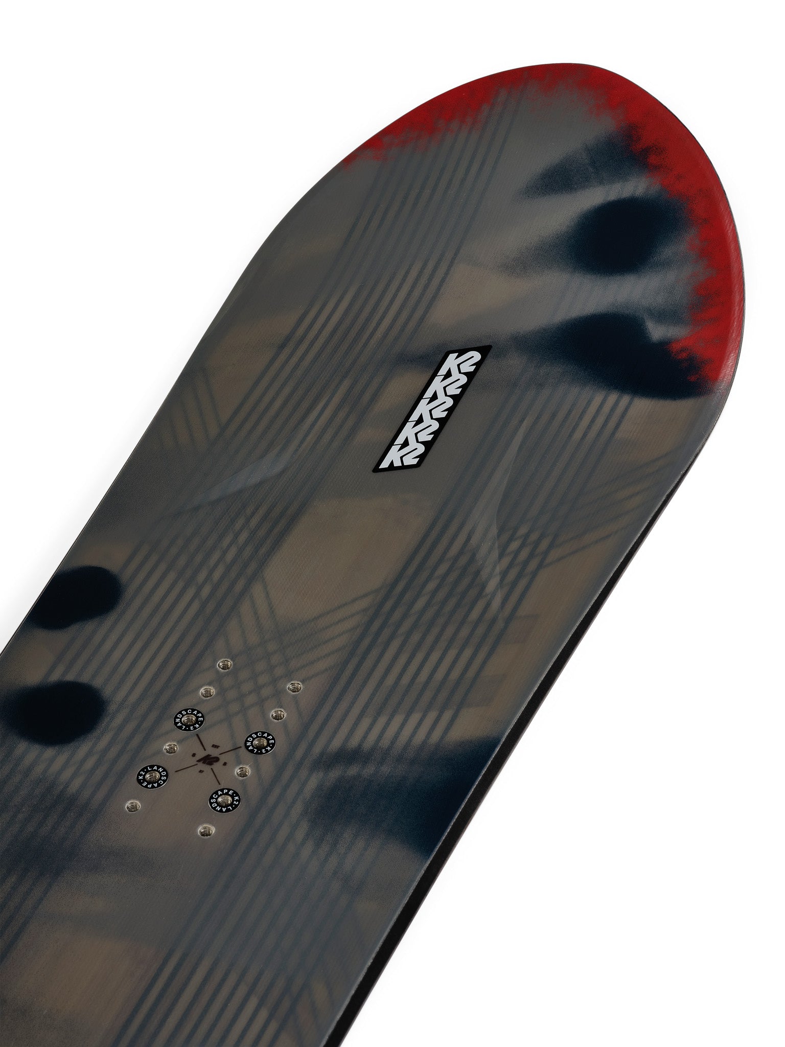 K2 Antidote 2025 snowboard features a dark gray and red graphic with a textured base.