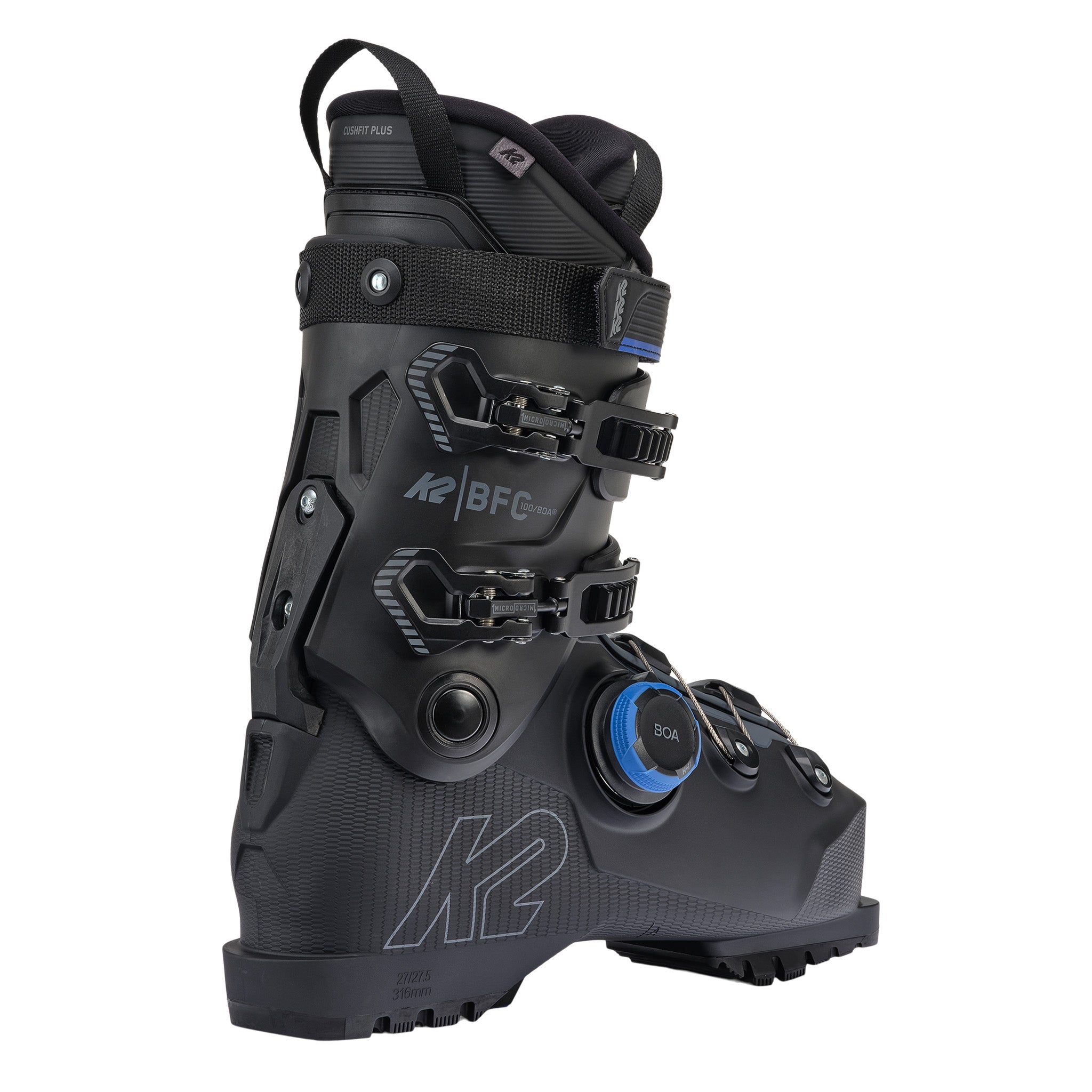 K2 BFC 100 BOA® ski boot features a black and gray color scheme with a distinctive design.