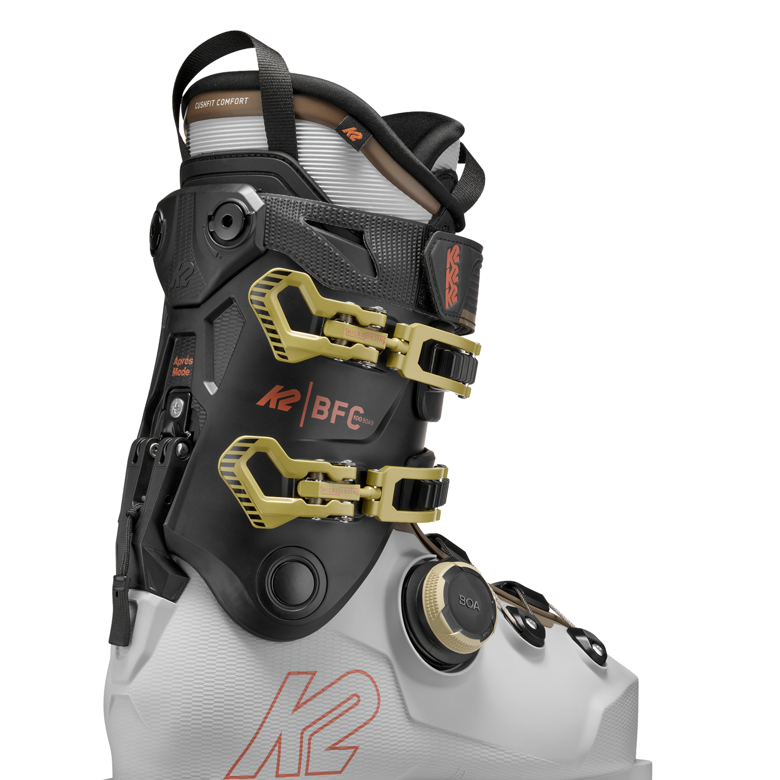 White/black BOA ski boots with K2 logo, gold hardware and BOA dial
