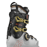 White/black BOA ski boots with K2 logo, gold hardware and BOA dial