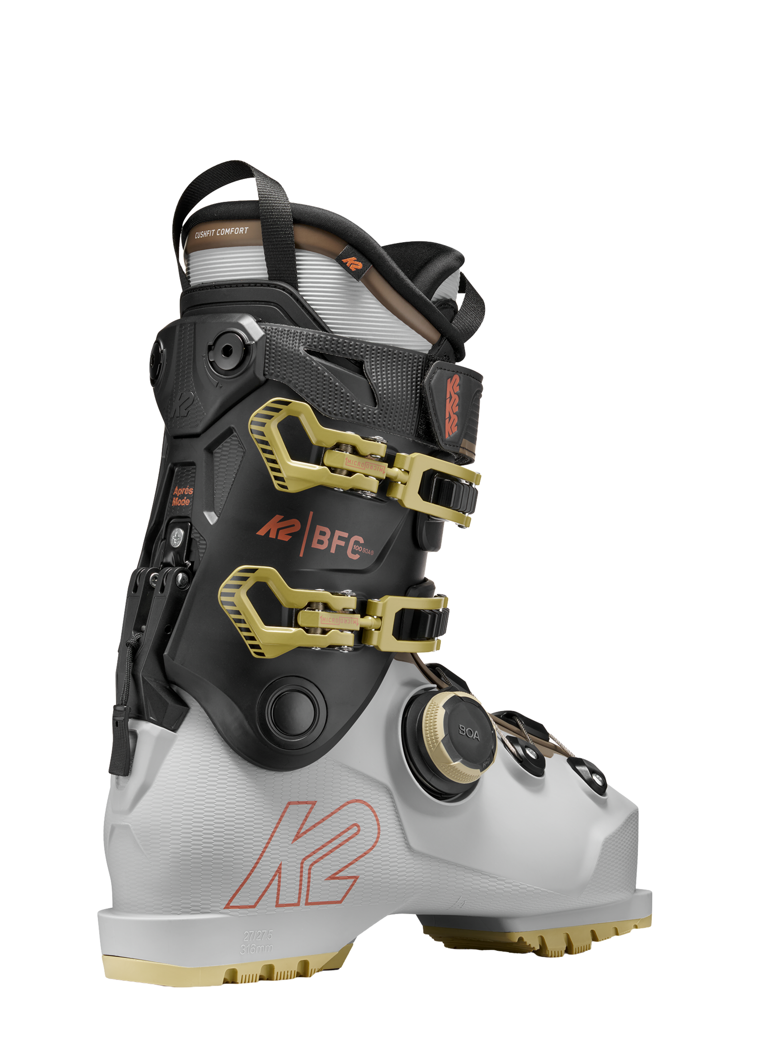 White/black BOA ski boots with K2 logo, gold hardware and BOA dial