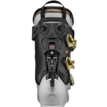 White/black BOA ski boots rear view with lift handle and gold hardware