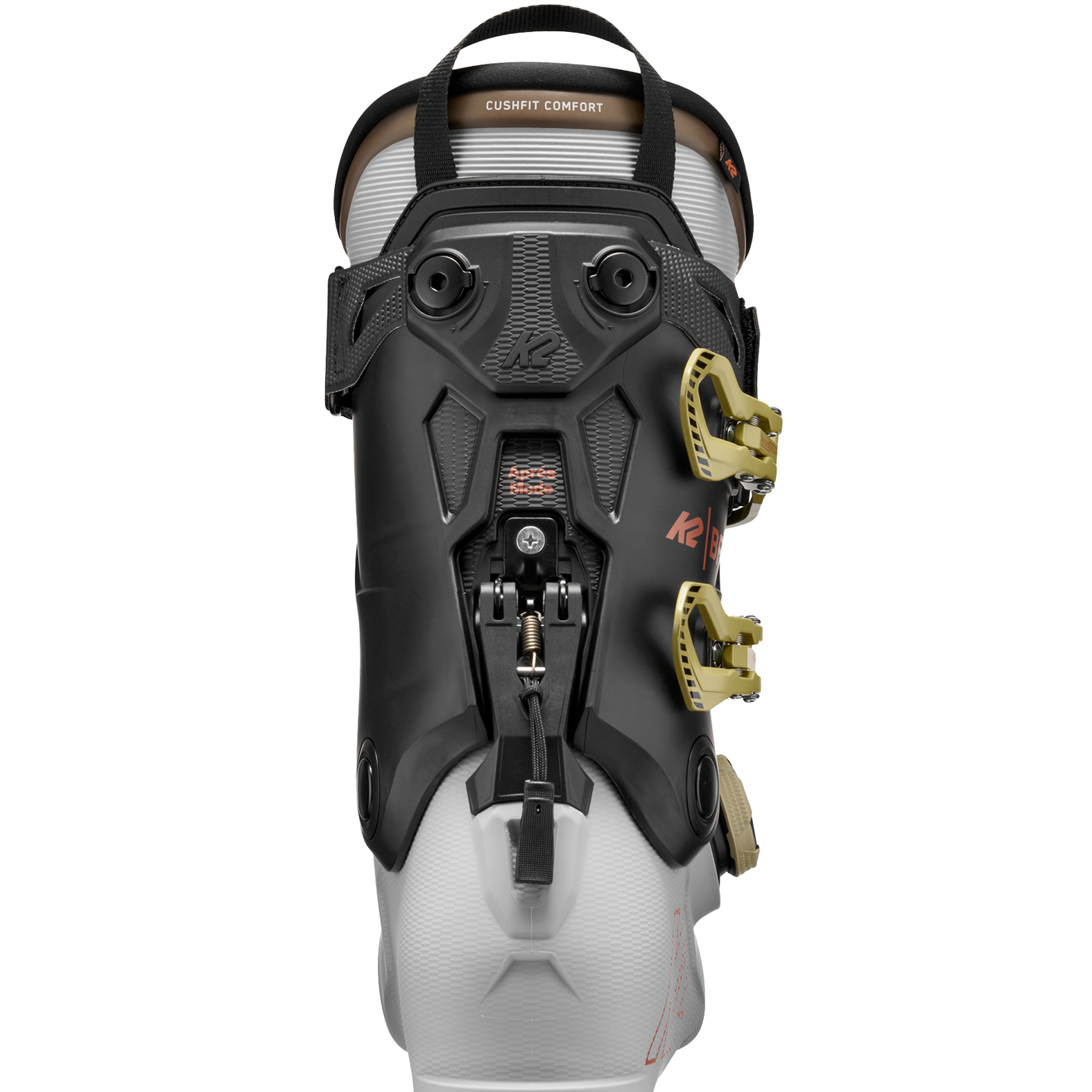 White/black BOA ski boots rear view with lift handle and gold hardware