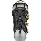 White/black BOA ski boots rear view with lift handle and gold hardware