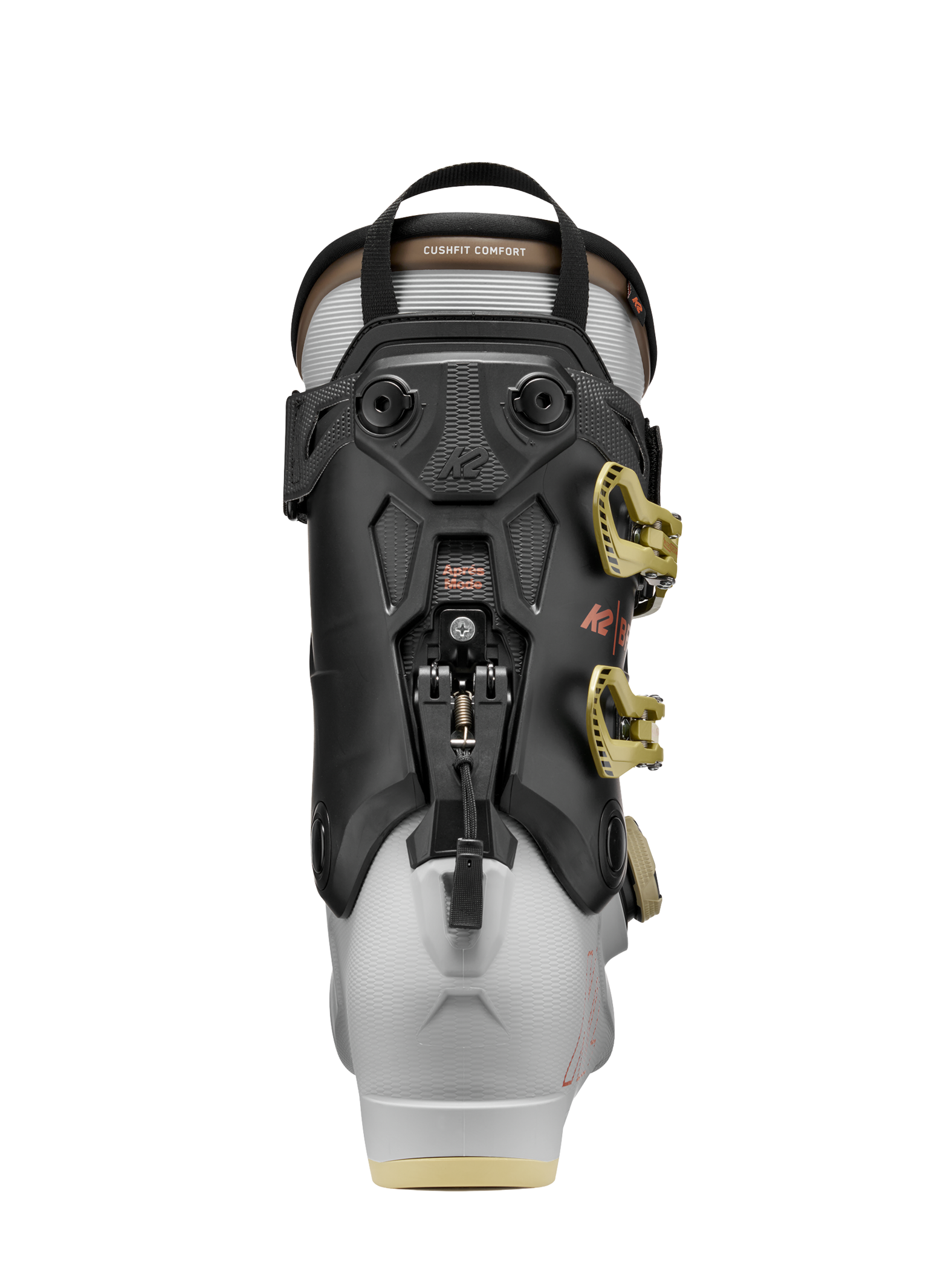 White/black BOA ski boots rear view with lift handle and gold hardware