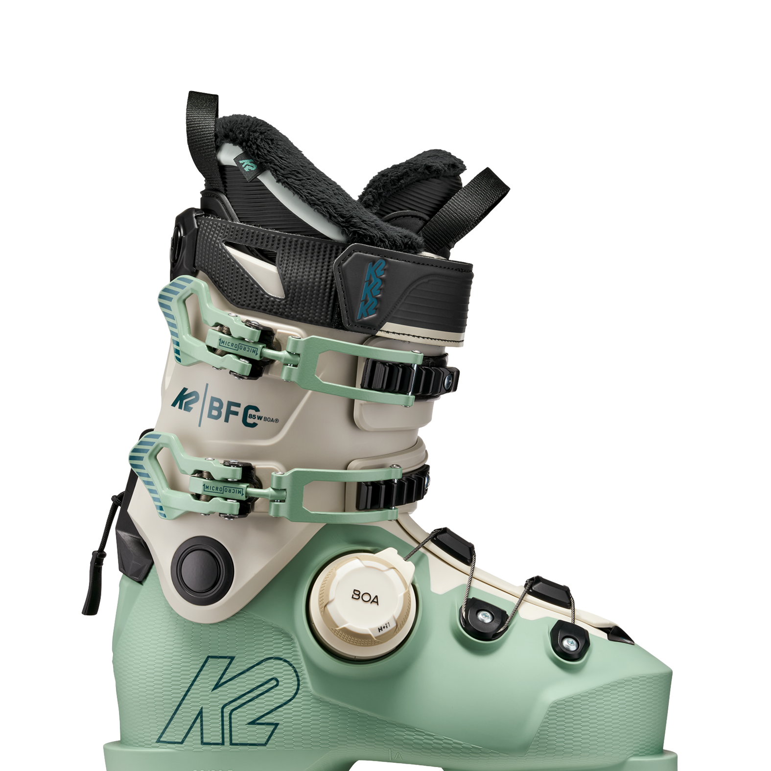 Mint ski boot with BOA dial and K2 BFC buckles, shown from side angle.