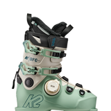 Mint ski boot with BOA dial and K2 BFC buckles, shown from side angle.