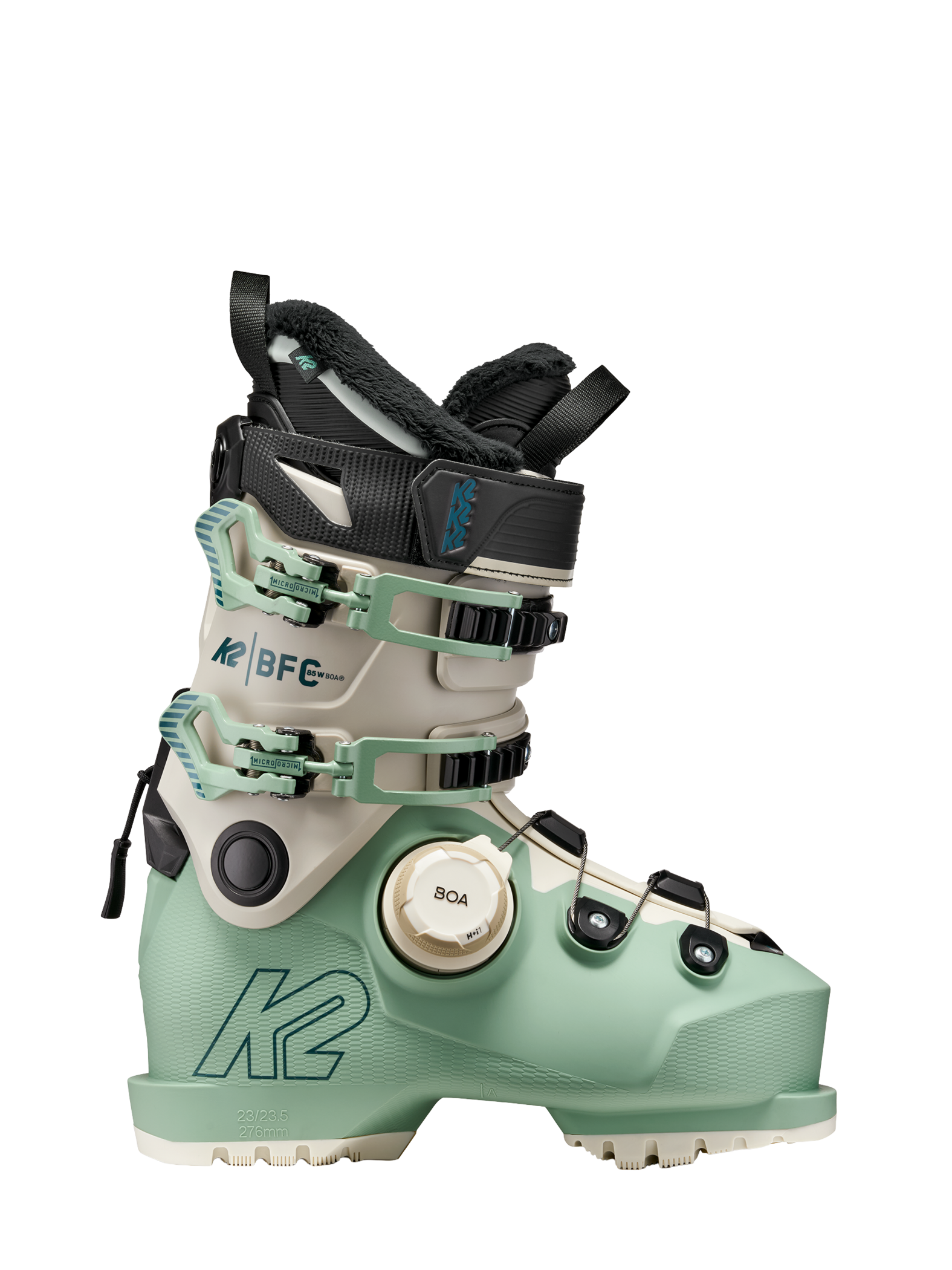 Mint ski boot with BOA dial and K2 BFC buckles, shown from side angle.