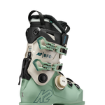 Mint ski boot with BOA dial, K2 BFC straps, and black heel guard.
