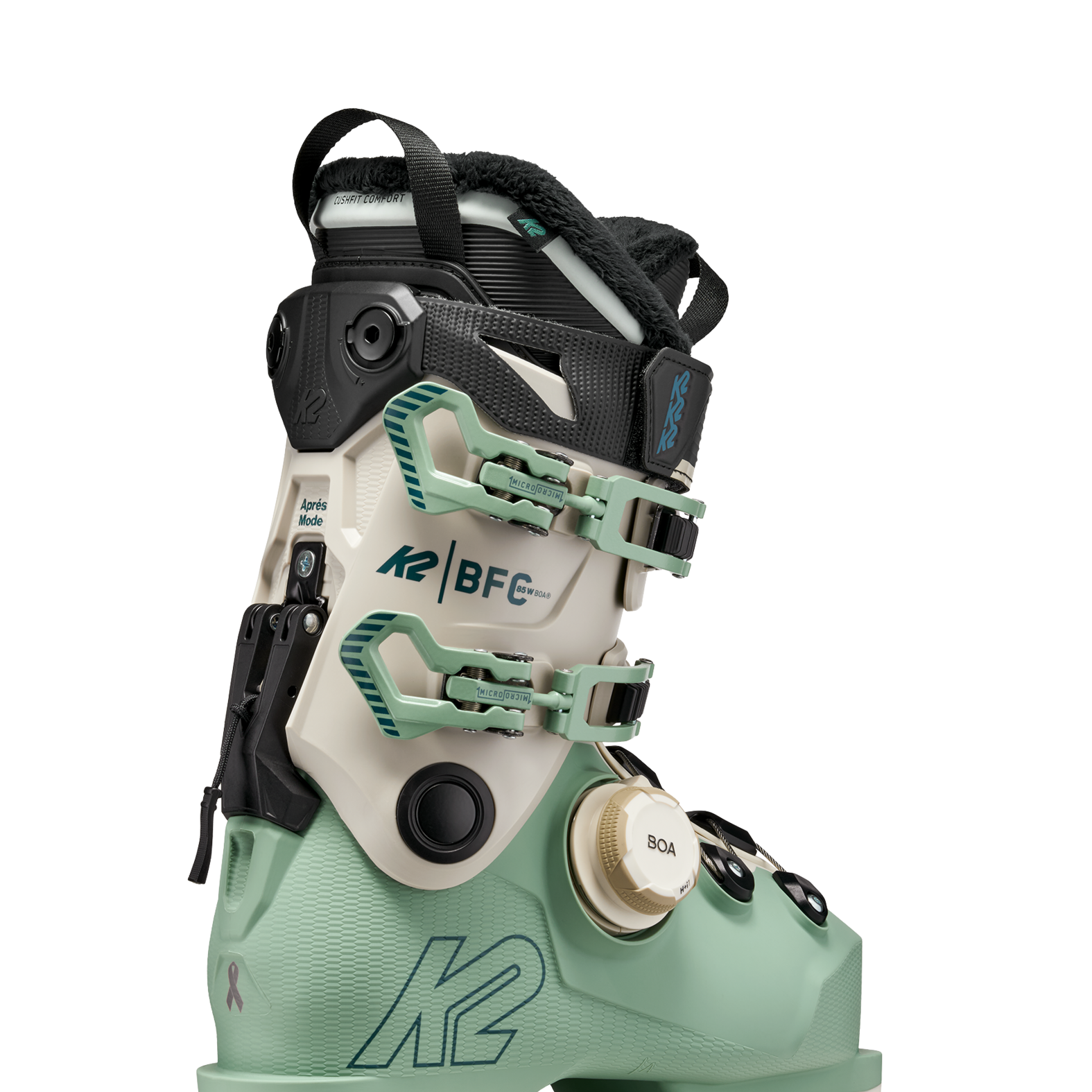 Mint ski boot with BOA dial, K2 BFC straps, and black heel guard.