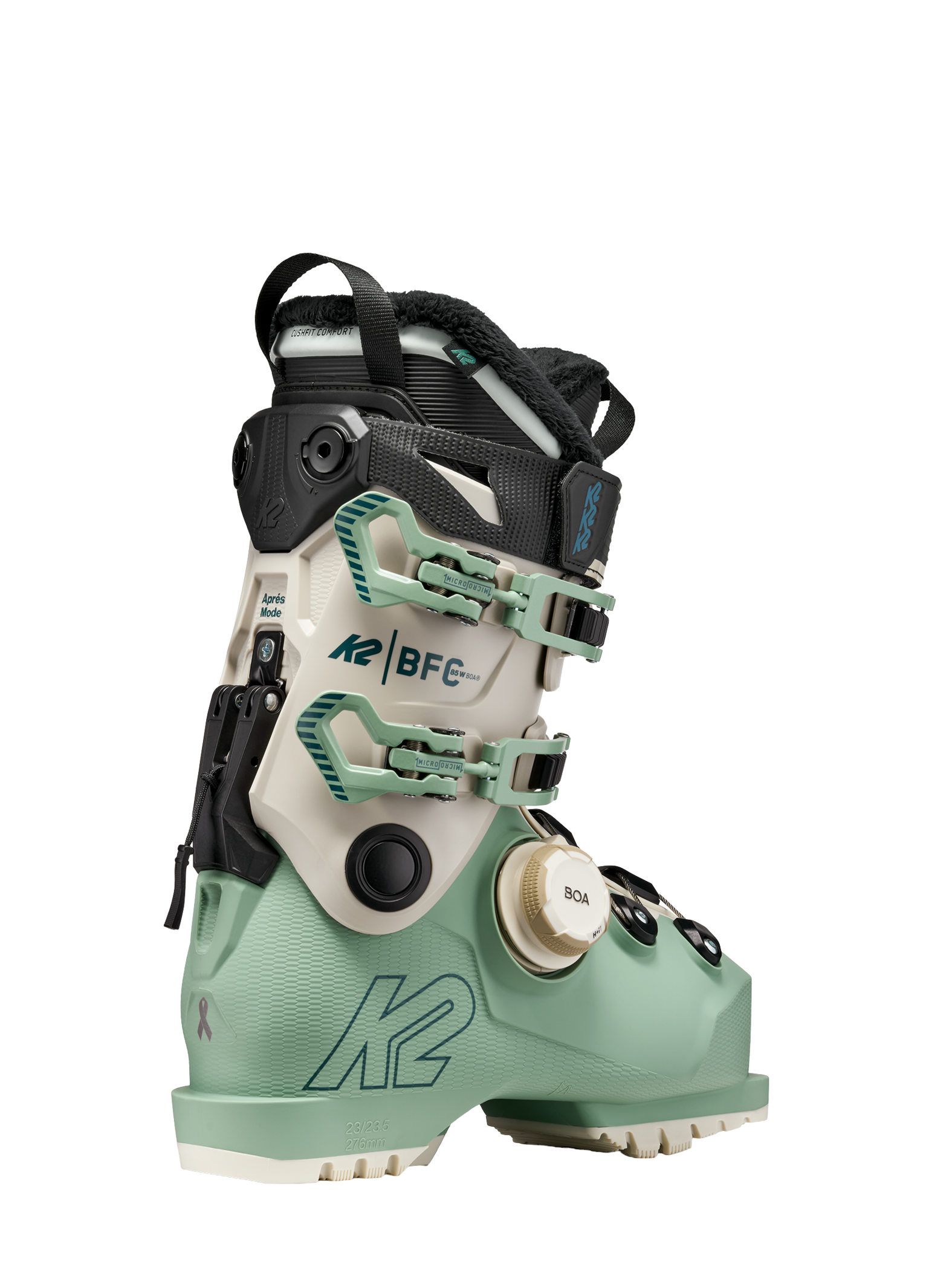 Mint ski boot with BOA dial, K2 BFC straps, and black heel guard.