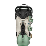 Mint ski boot with BOA dial and adjustable rear straps, rear view.