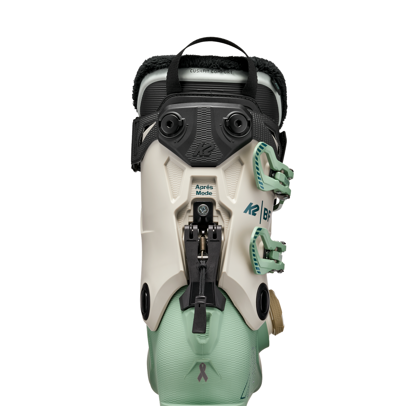 Mint ski boot with BOA dial and adjustable rear straps, rear view.