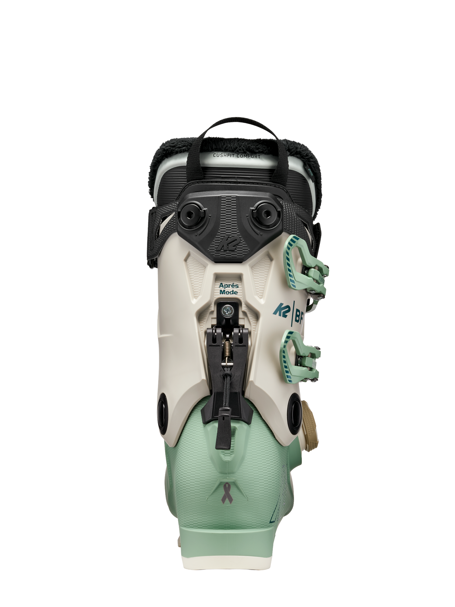 Mint ski boot with BOA dial and adjustable rear straps, rear view.