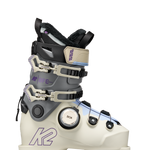 White and grey women's ski boots with BOA dial and front buckles