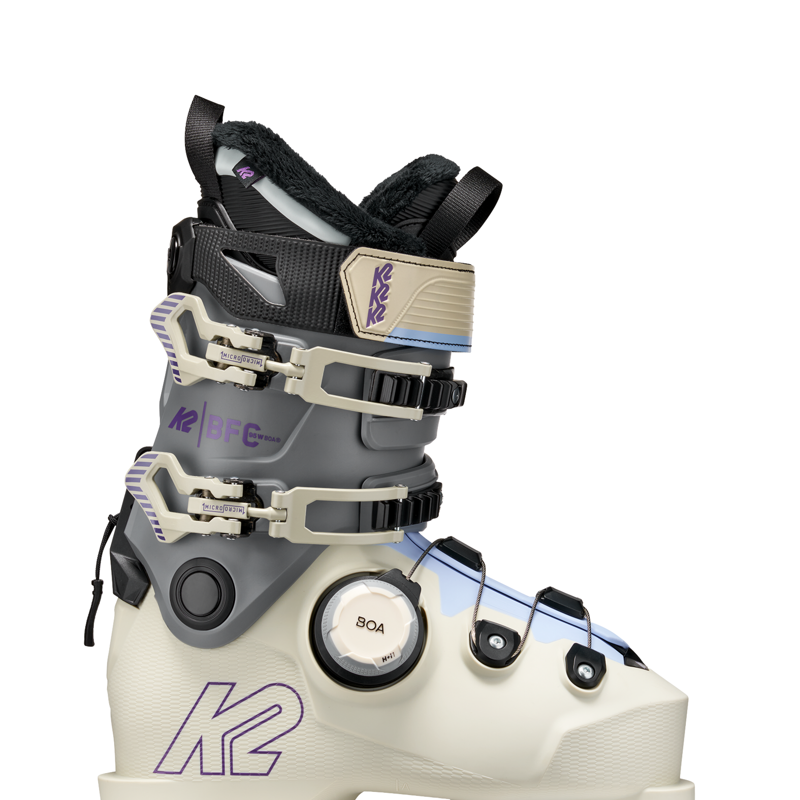 White and grey women's ski boots with BOA dial and front buckles