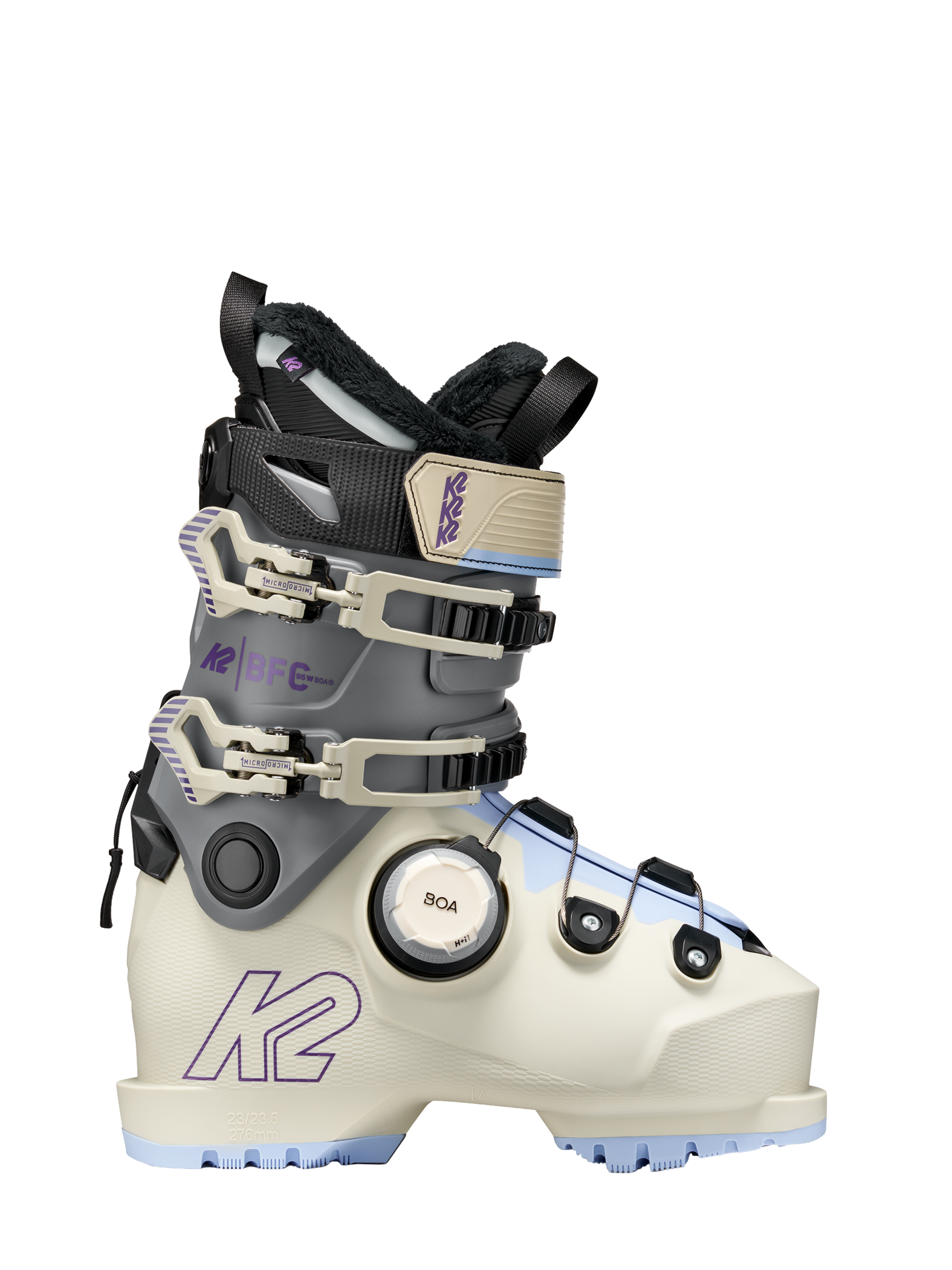 White and grey women's ski boots with BOA dial and front buckles